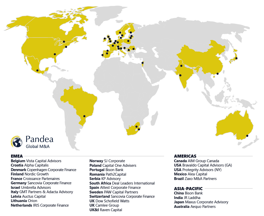 Map showing Pandea Global M&A coverage across Europe, the Americas, Asia Pacific, the Middle East and Africa